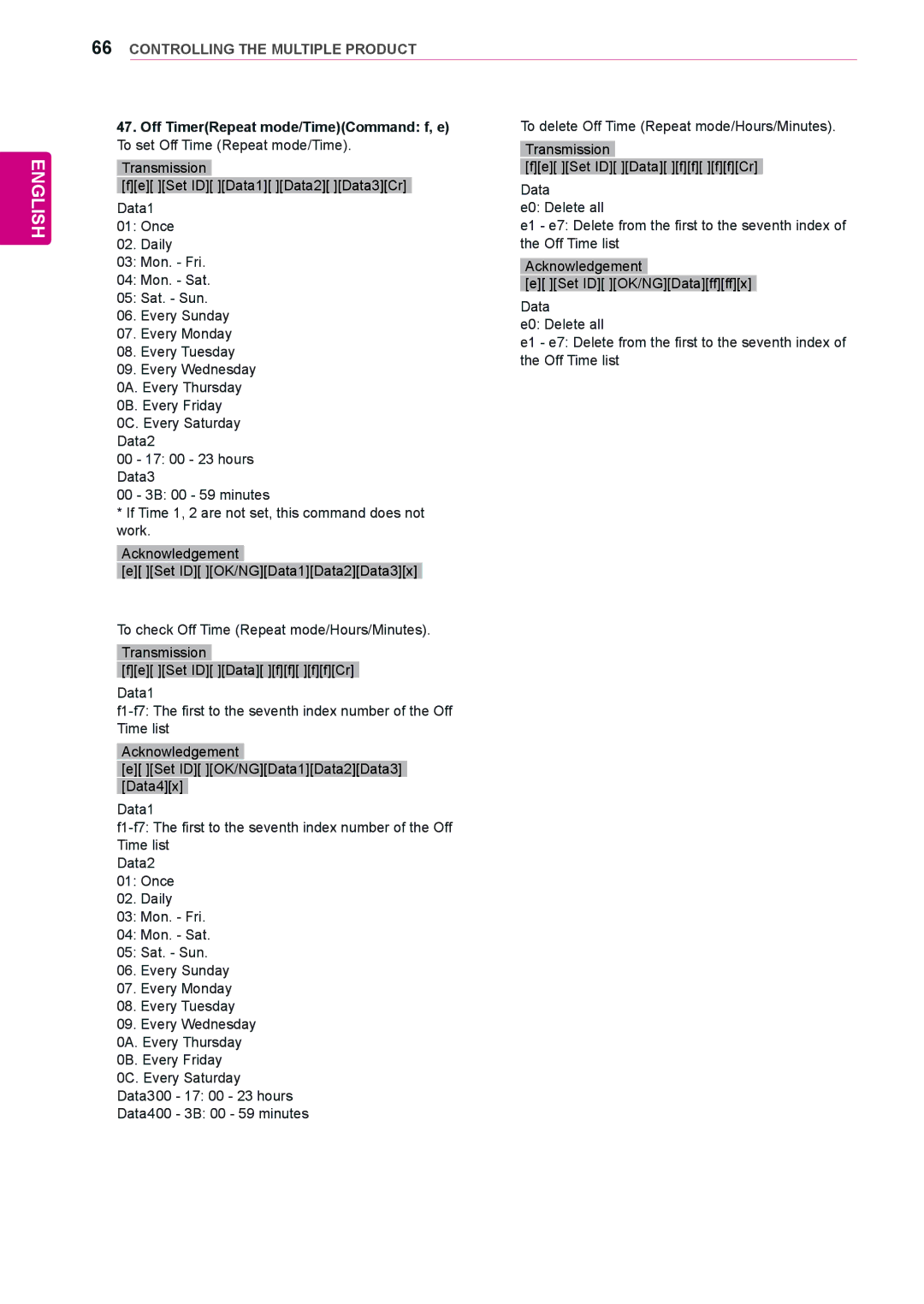 LG Electronics 84WS70MS owner manual Off TimerRepeat mode/TimeCommand f, e 