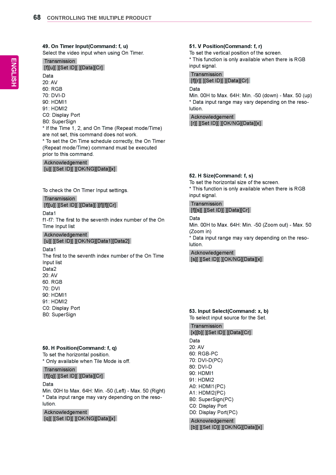 LG Electronics 84WS70MS On Timer InputCommand f, u PositionCommand f, r, SizeCommand f, s, Input SelectCommand x, b 