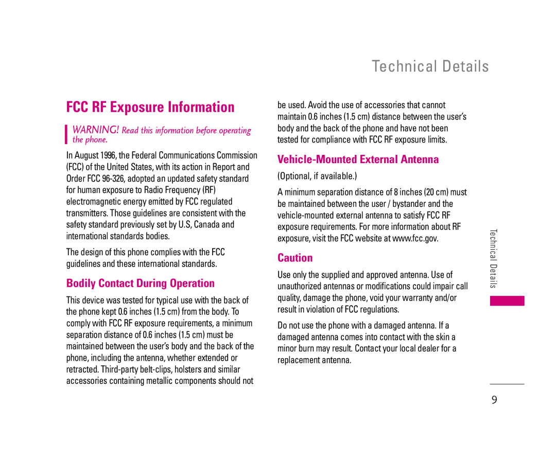 LG Electronics 8500 manual Technical Details, Bodily Contact During Operation, Vehicle-Mounted External Antenna 