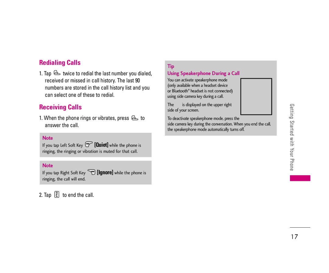 LG Electronics 8500 manual Redialing Calls, Receiving Calls, When the phone rings or vibrates, press to answer the call 