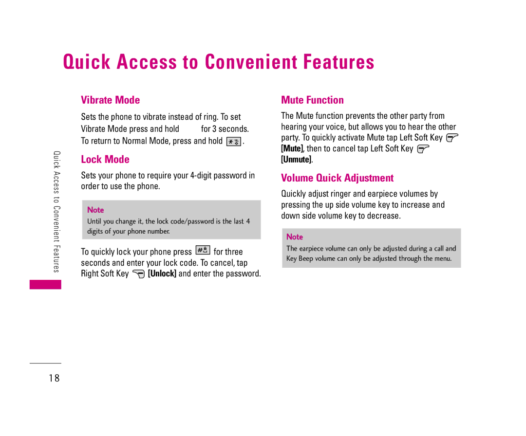 LG Electronics 8500 Quick Access to Convenient Features, Vibrate Mode, Lock Mode, Mute Function, Volume Quick Adjustment 