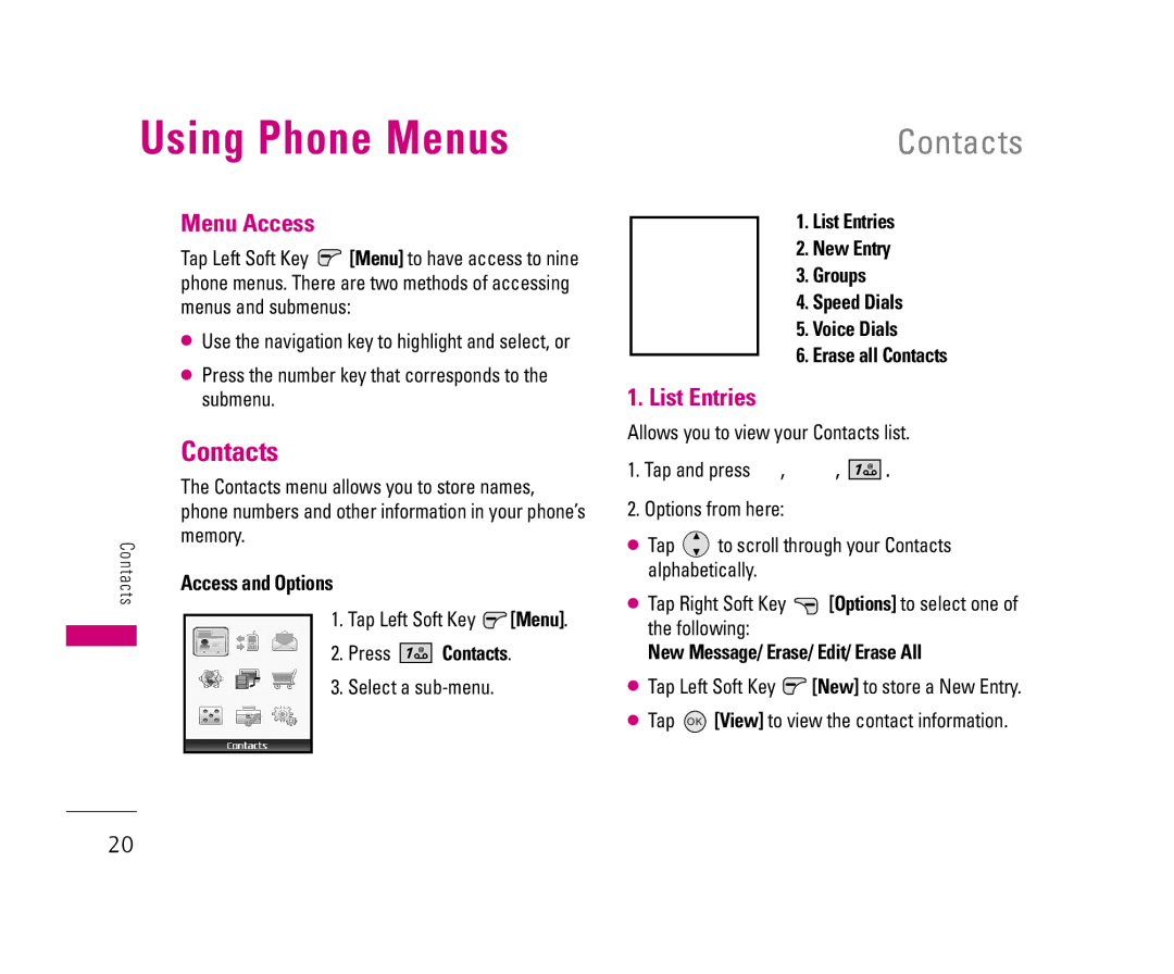 LG Electronics 8500 manual Using Phone Menus, Contacts, Menu Access, List Entries, Access and Options 