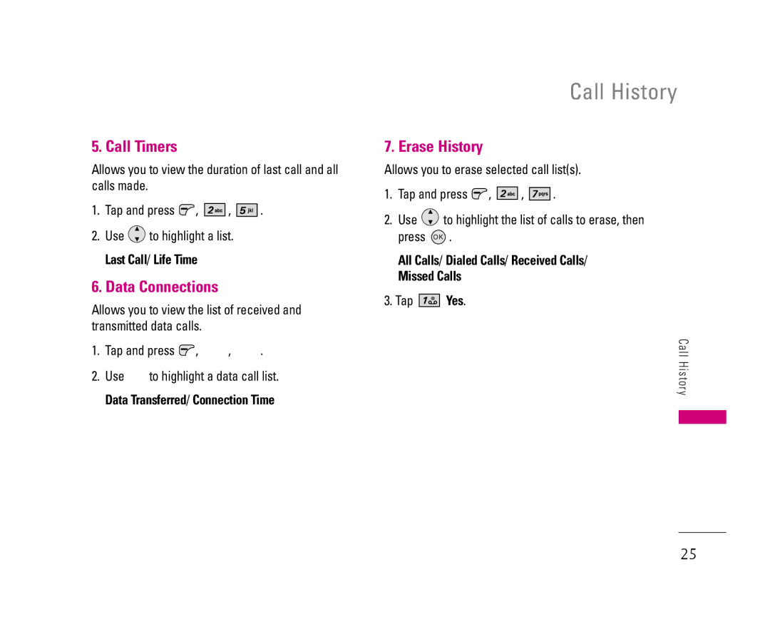 LG Electronics 8500 Call Timers, Data Connections, Erase History, All Calls/ Dialed Calls/ Received Calls Missed Calls 