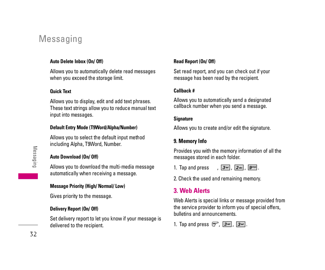 LG Electronics 8500 manual Web Alerts, Memory Info 