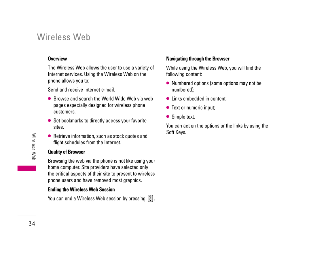 LG Electronics 8500 Overview, Quality of Browser, Ending the Wireless Web Session, Navigating through the Browser 