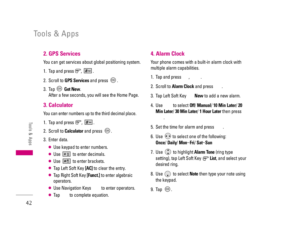 LG Electronics 8500 manual Tools & Apps, Calculator, Alarm Clock, Tap and press Scroll to GPS Services and press 