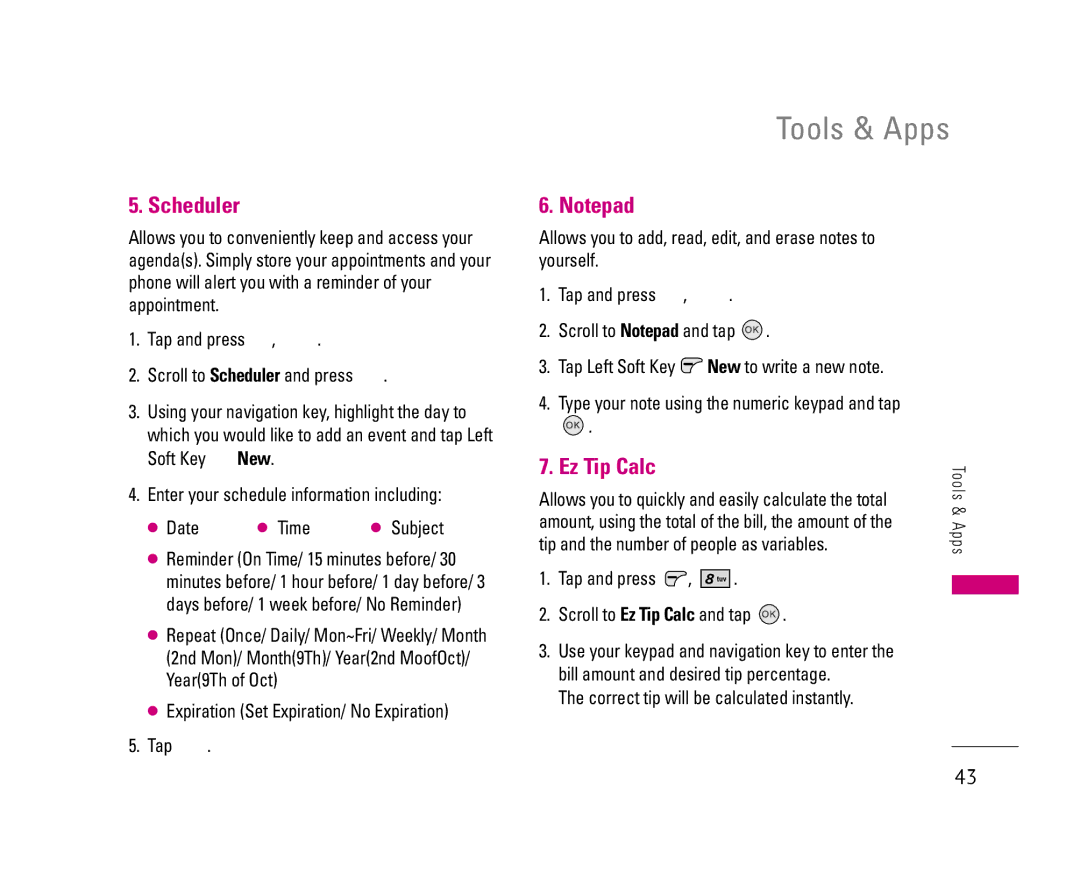 LG Electronics 8500 manual Scheduler, Tip and the number of people as variables, Scroll to Ez Tip Calc and tap 