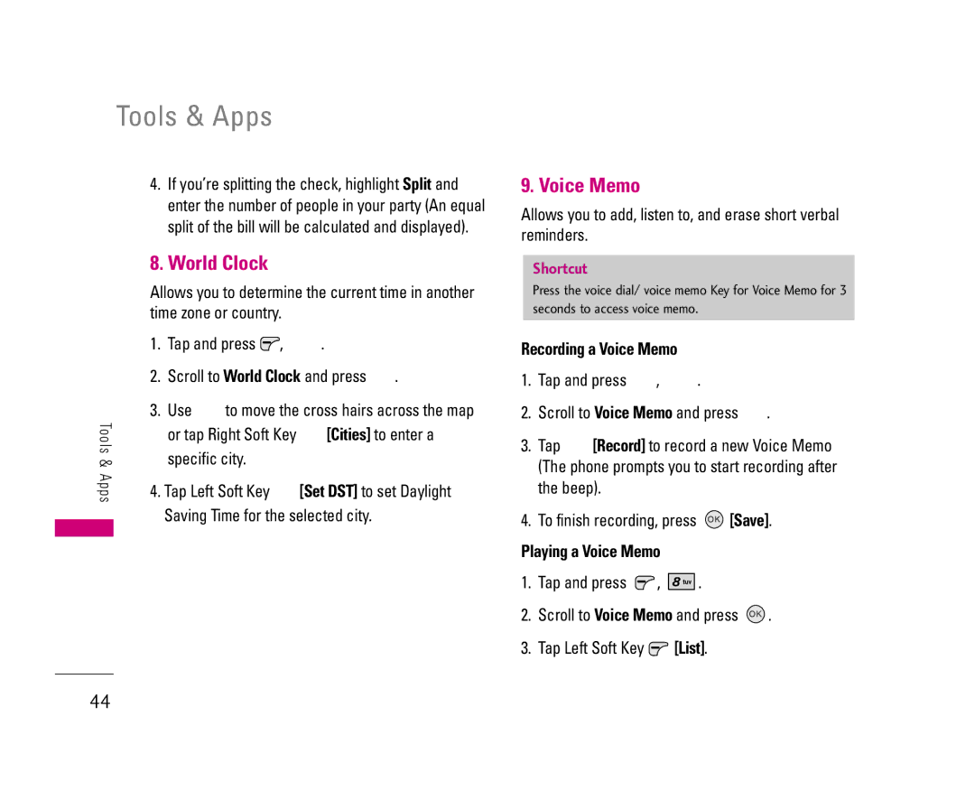 LG Electronics 8500 manual World Clock, Recording a Voice Memo, Playing a Voice Memo 