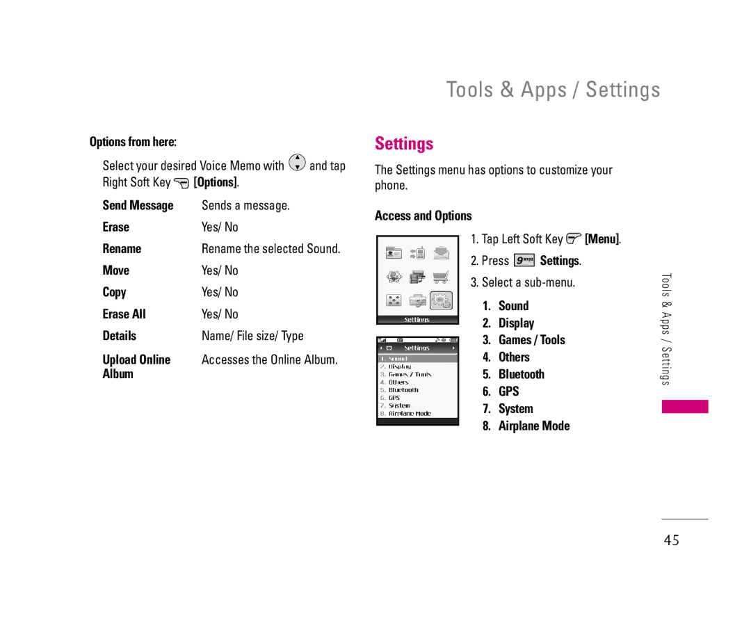 LG Electronics 8500 manual Tools & Apps / Settings 