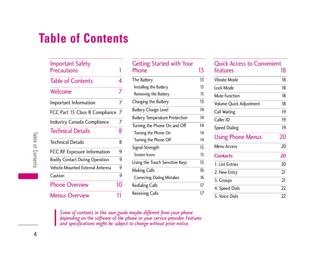 LG Electronics 8500 manual Table of Contents 