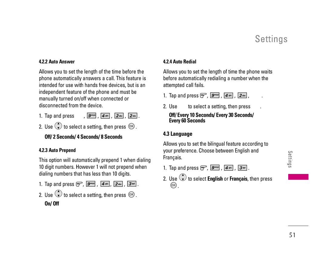 LG Electronics 8500 manual Language, Auto Answer, Off/ 2 Seconds/ 4 Seconds/ 8 Seconds Auto Prepend, Auto Redial 