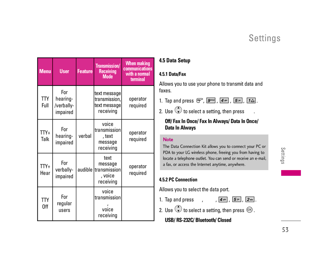 LG Electronics 8500 manual Data Setup, Data/Fax, PC Connection, USB/ RS-232C/ Bluetooth/ Closed 