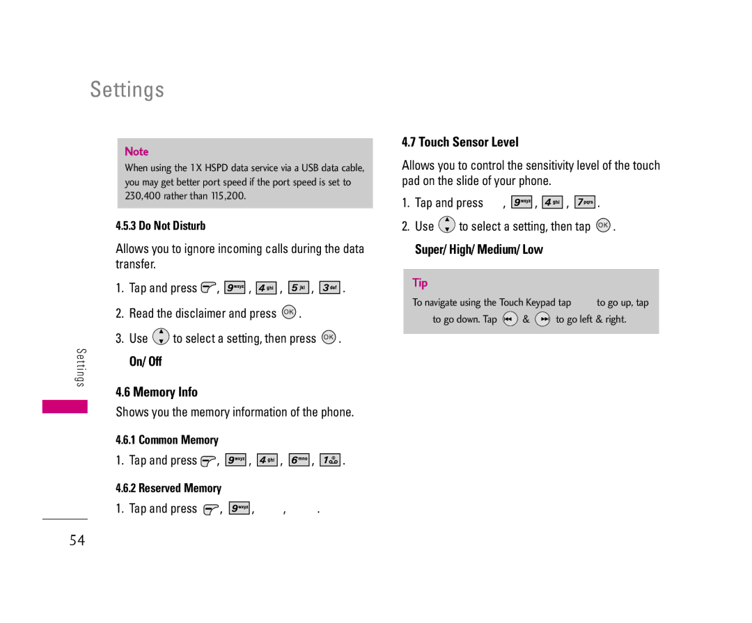 LG Electronics 8500 manual Touch Sensor Level, Do Not Disturb, Common Memory, Reserved Memory, Super/ High/ Medium/ Low 