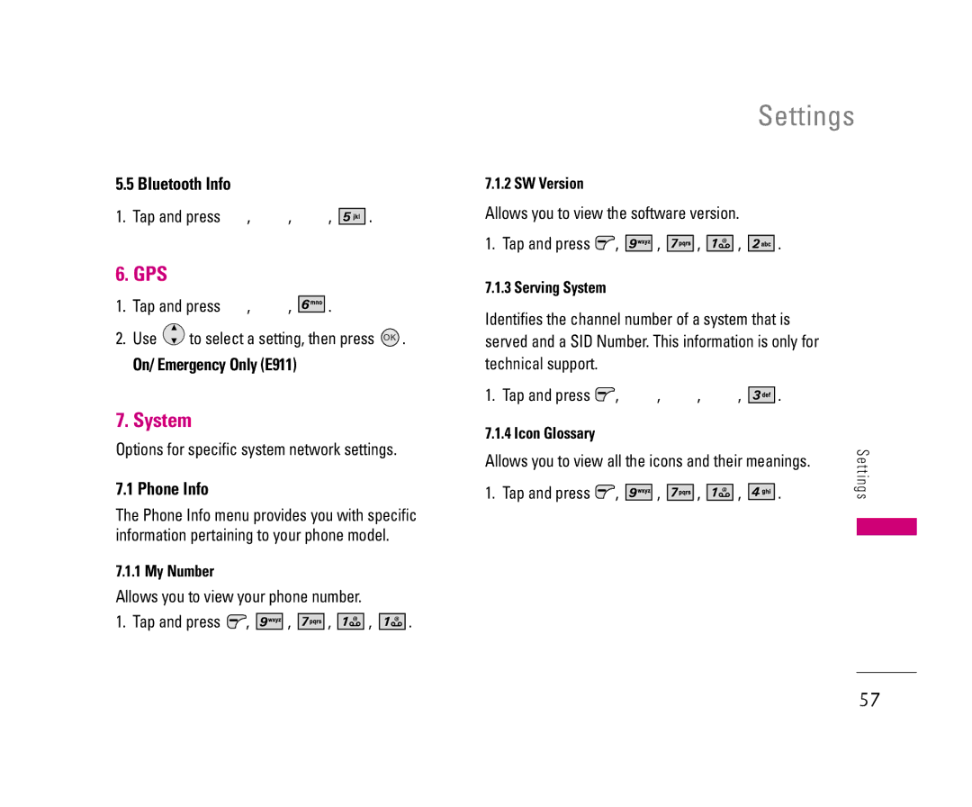 LG Electronics 8500 manual Gps, System, Bluetooth Info, Phone Info 