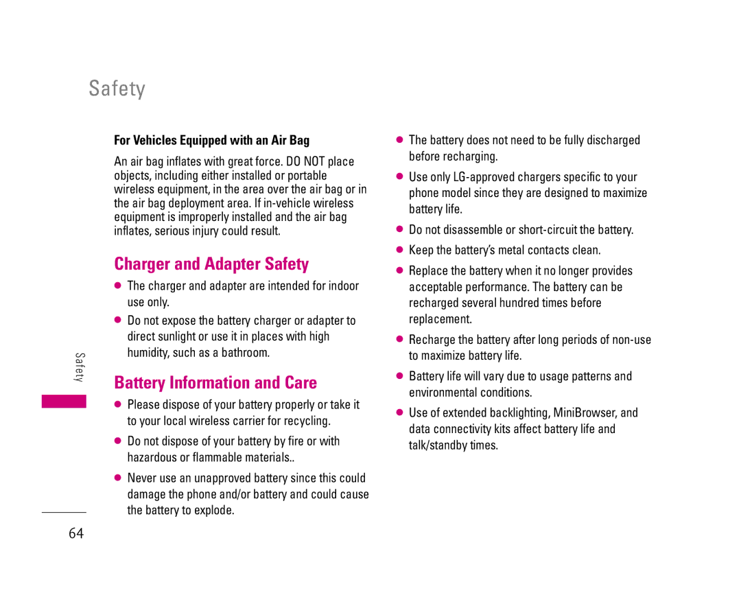 LG Electronics 8500 manual Charger and Adapter Safety, Battery Information and Care, For Vehicles Equipped with an Air Bag 