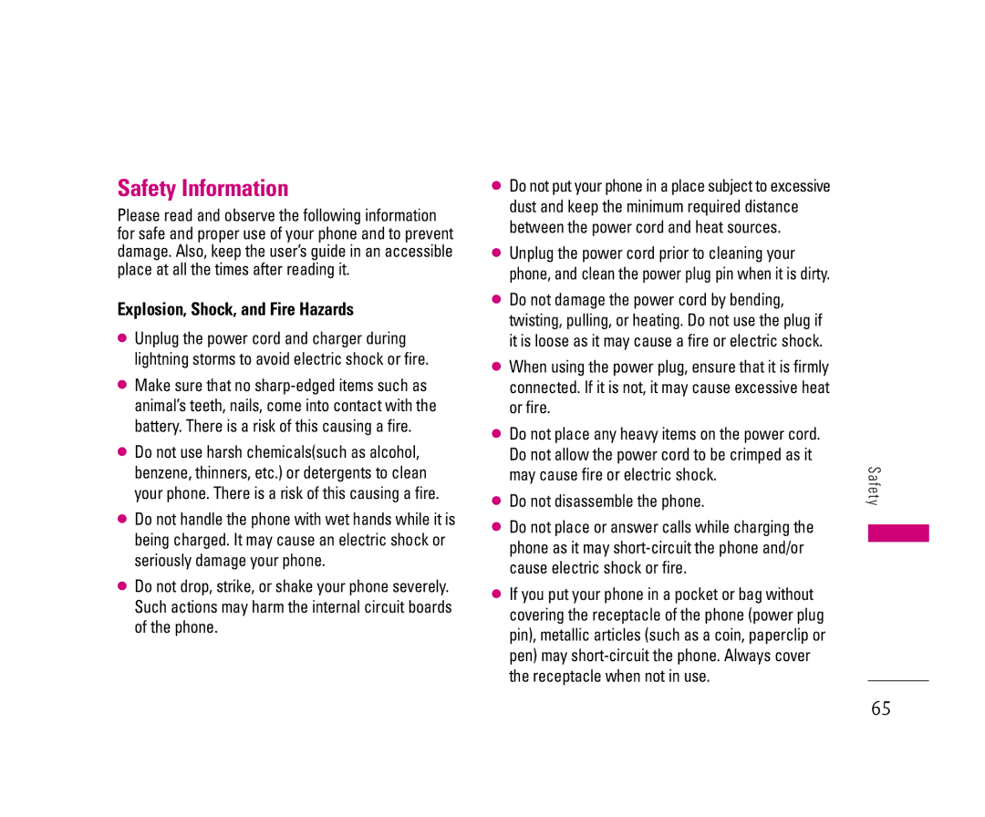 LG Electronics 8500 manual Safety Information, Explosion, Shock, and Fire Hazards 