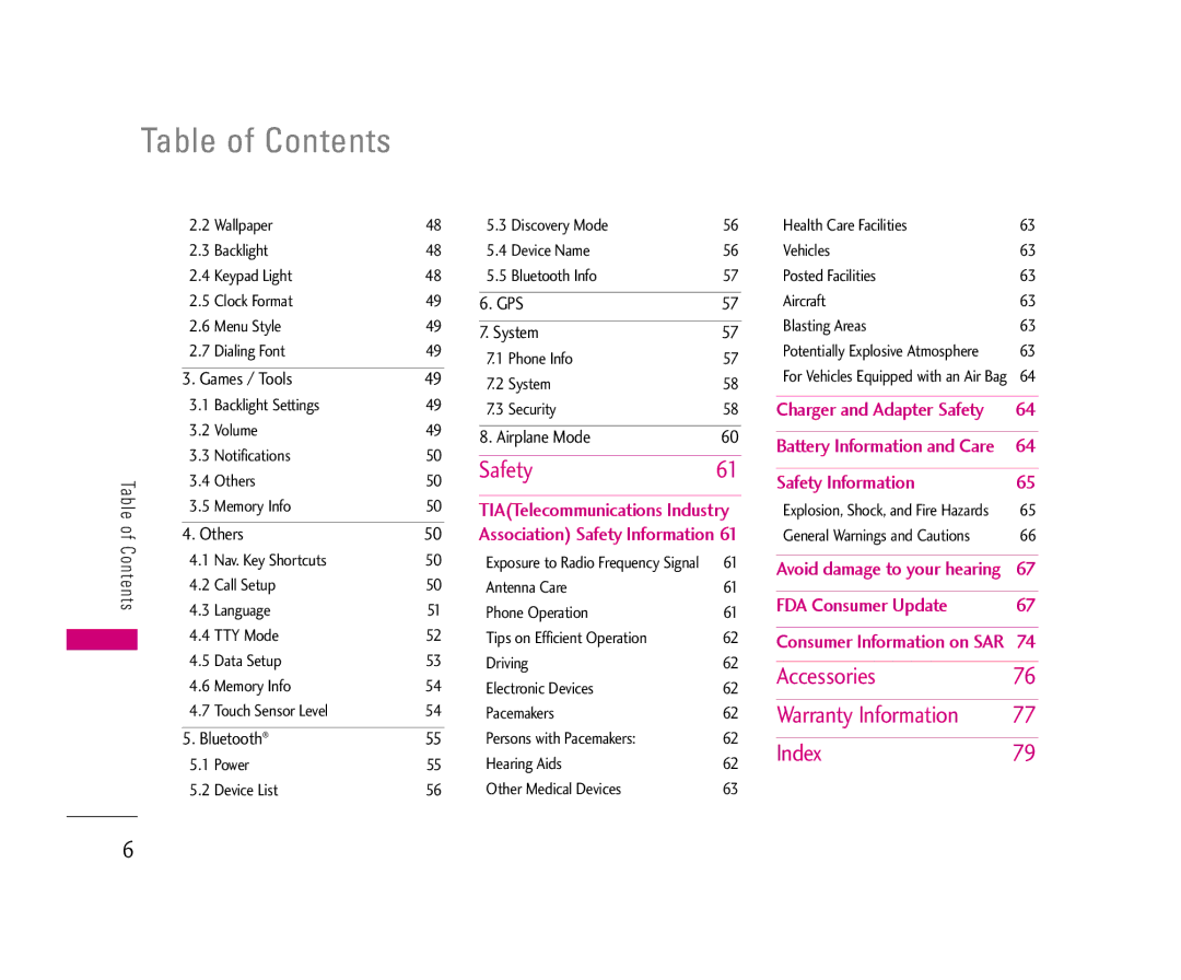 LG Electronics 8500 manual Table of Contents 