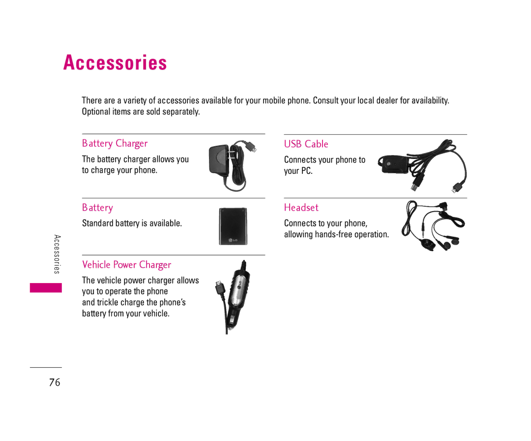 LG Electronics 8500 manual Accessories, Battery charger allows you to charge your phone, Standard battery is available 