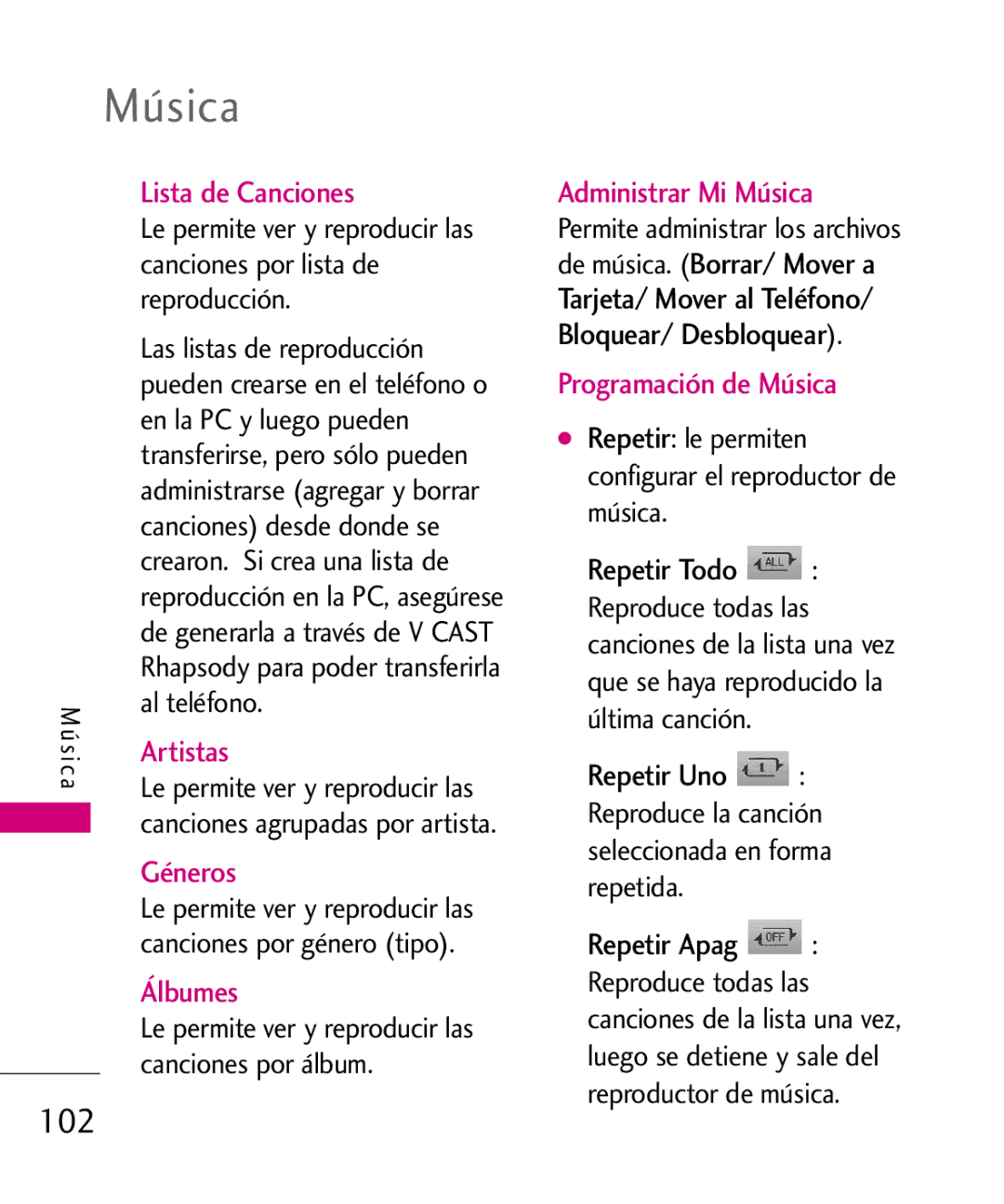 LG Electronics 8575 manual 102, Lista de Canciones, Artistas, Géneros, Álbumes 