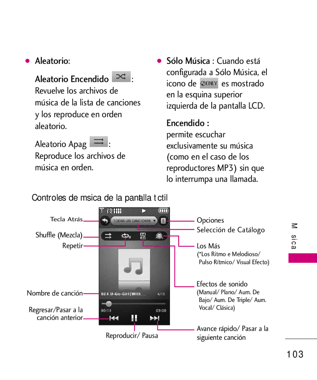 LG Electronics 8575 manual 103, Aleatorio, Controles de música de la pantalla táctil 