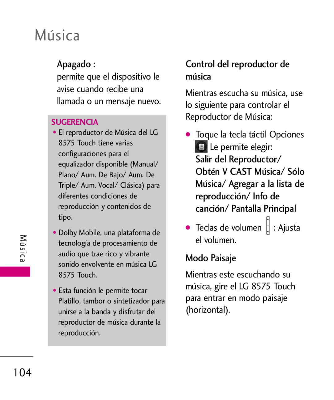 LG Electronics 8575 manual 104, Apagado, Modo Paisaje 