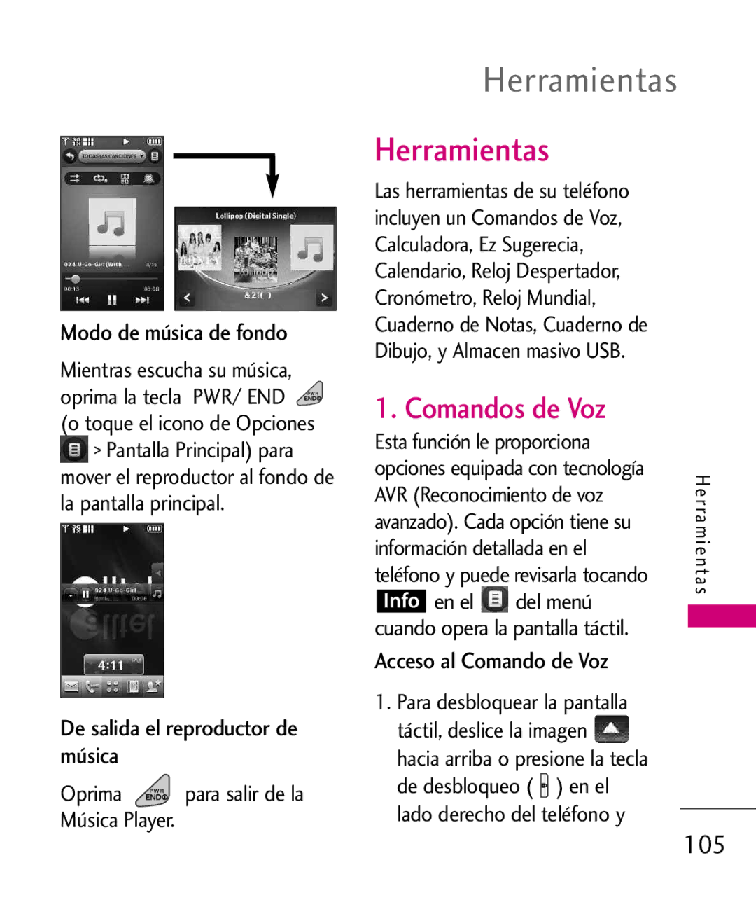 LG Electronics 8575 manual Herramientas, Comandos de Voz, Modo de música de fondo, Acceso, Al Comando de Voz 