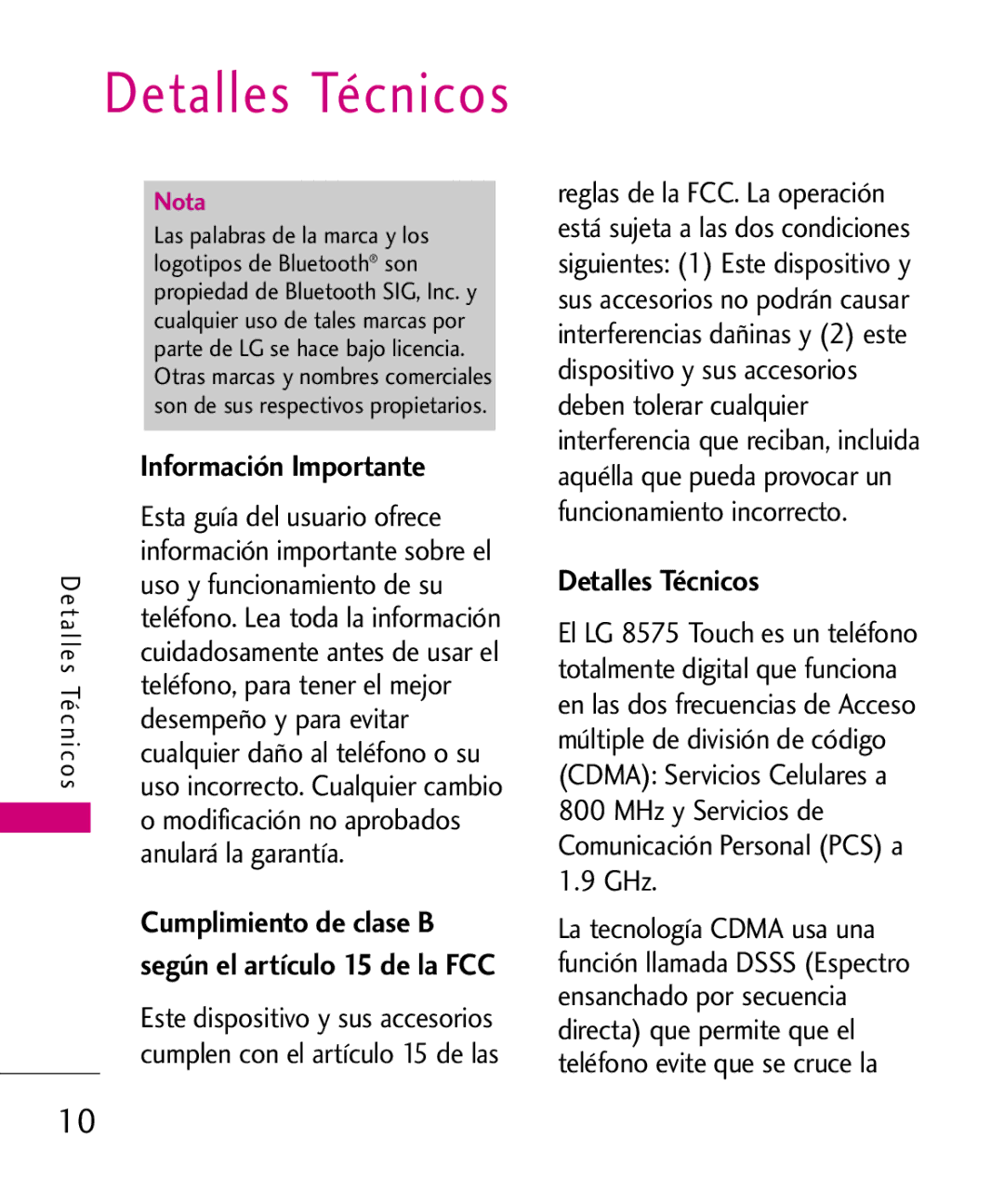 LG Electronics 8575 manual Cumplimiento de clase B, Según el artículo 15 de la FCC, Detalles Técnicos 