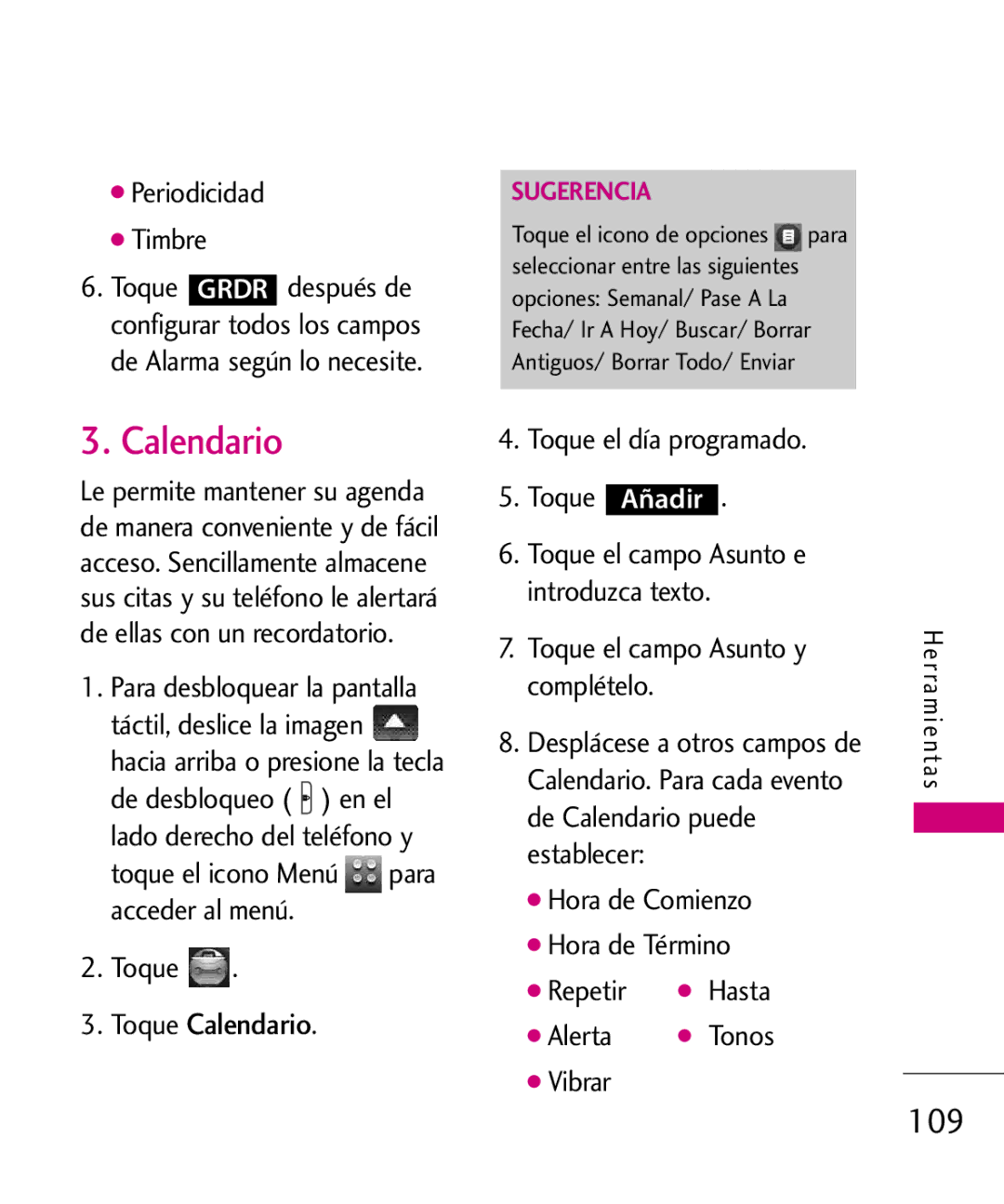 LG Electronics 8575 manual 109, Toque Calendario 