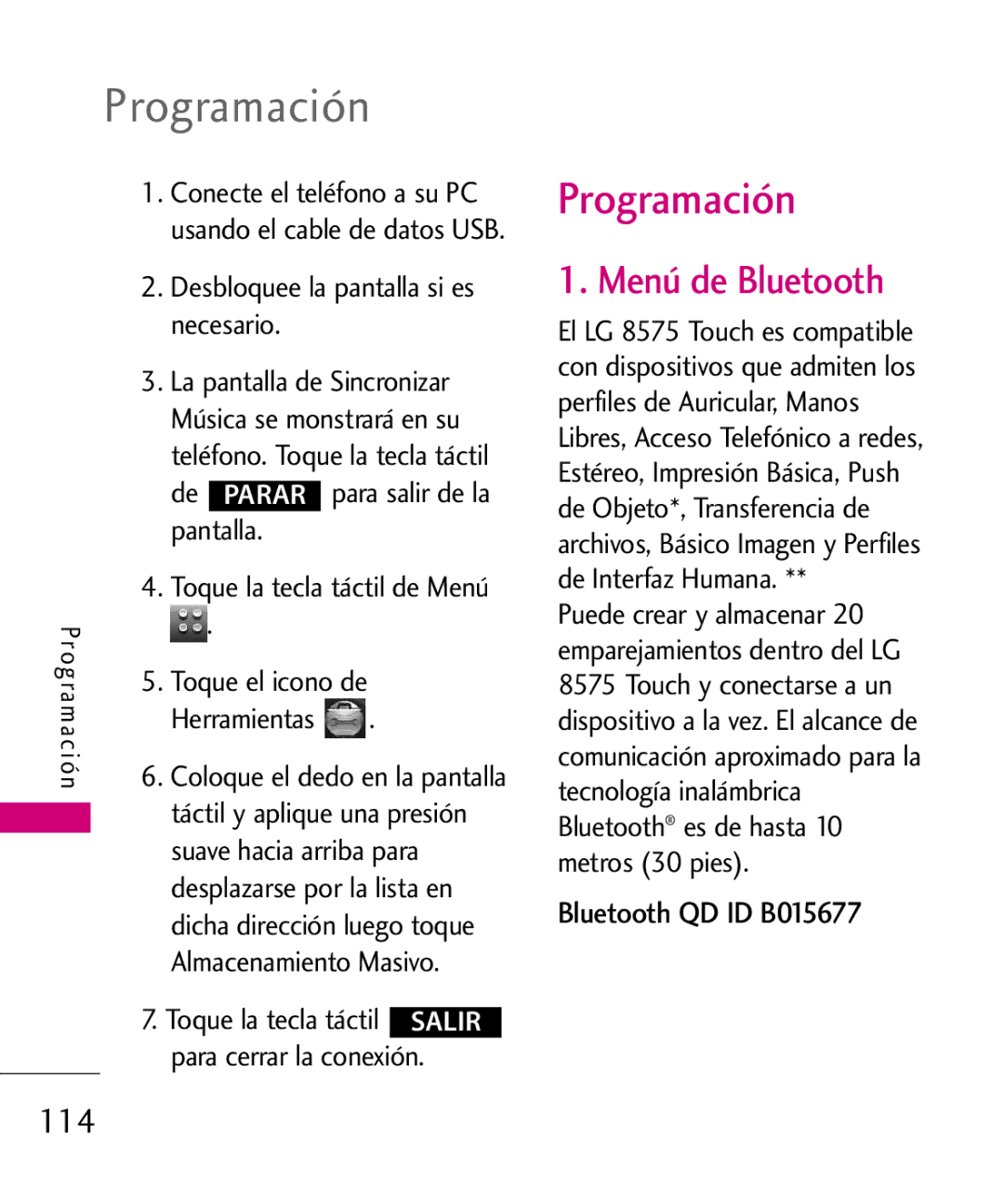 LG Electronics 8575 manual Programación, Menú de Bluetooth, 114, Bluetooth QD ID B015677 