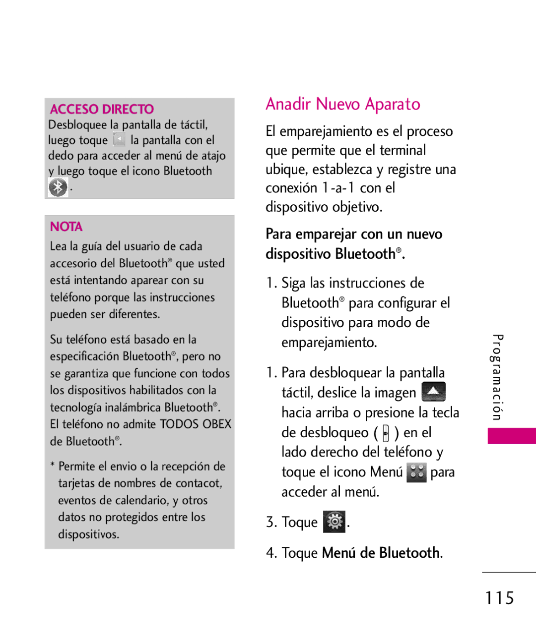 LG Electronics 8575 Anadir Nuevo Aparato, 115, Toque Menú de Bluetooth, Para emparejar con un nuevo dispositivo Bluetooth 