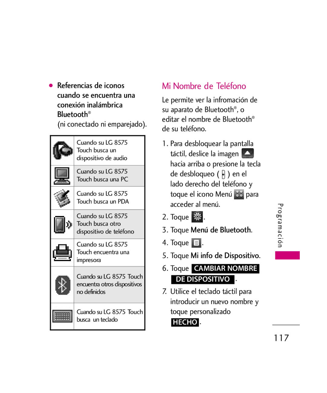 LG Electronics 8575 manual Mi Nombre de Teléfono, 117, Toque Toque Mi info de Dispositivo, Ro g ra m a c i ó n 