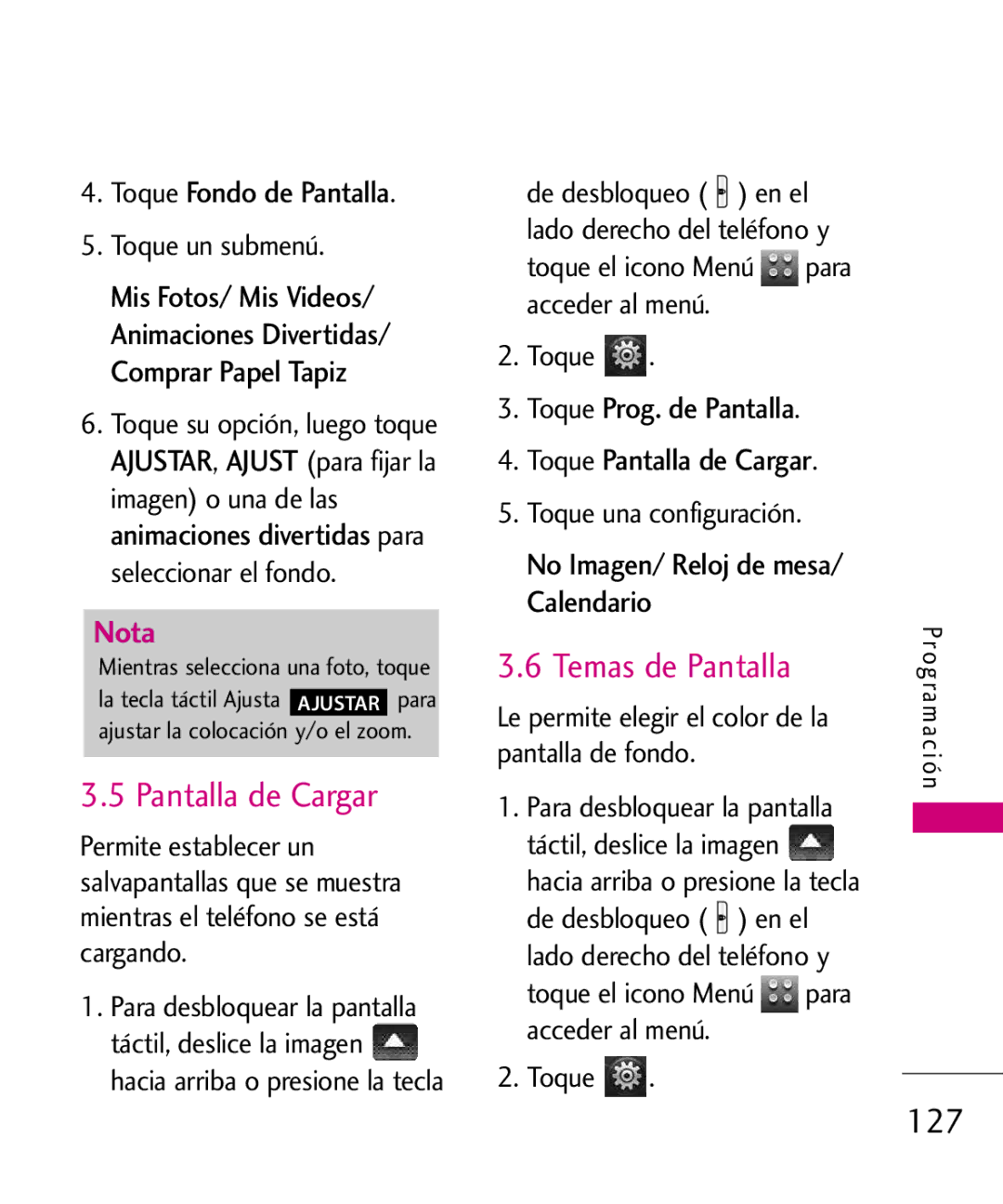 LG Electronics 8575 manual Pantalla de Cargar, Temas de Pantalla, 127, Toque Fondo de Pantalla 
