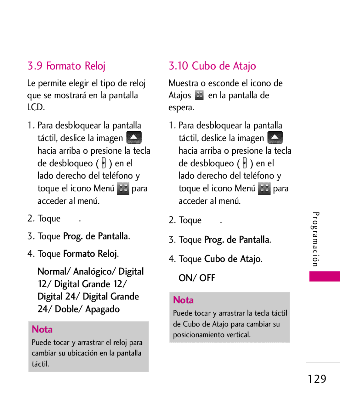 LG Electronics 8575 manual Formato Reloj, 129, Toque Prog. de Pantalla Toque Cubo de Atajo 