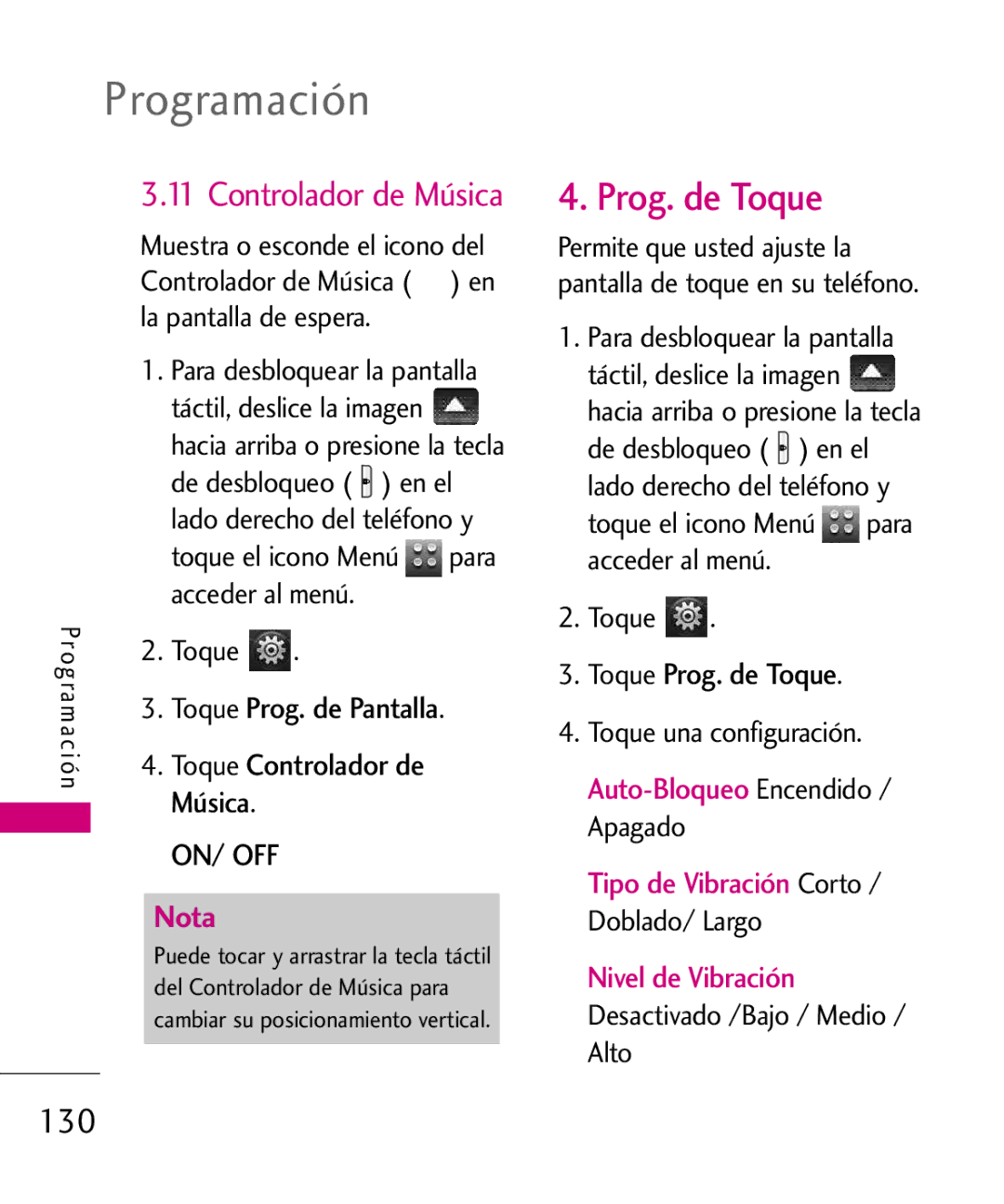 LG Electronics 8575 manual Prog. de Toque, 130, Controlador de Música, Tipo de Vibración Corto / Doblado/ Largo 