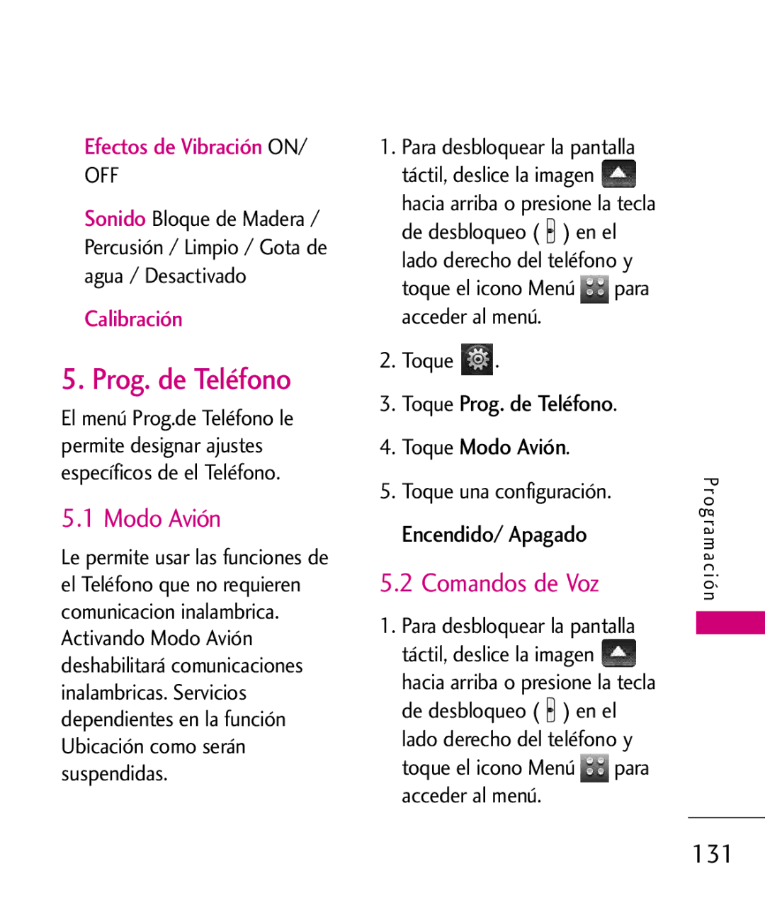 LG Electronics 8575 manual Prog. de Teléfono, Comandos de Voz, 131, Efectos de Vibración on, Calibración 