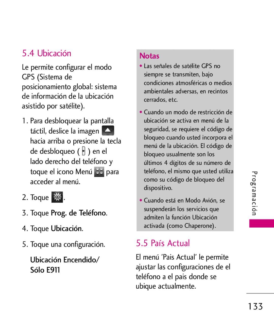 LG Electronics 8575 manual País Actual, 133, Toque Prog. de Teléfono Toque Ubicación 