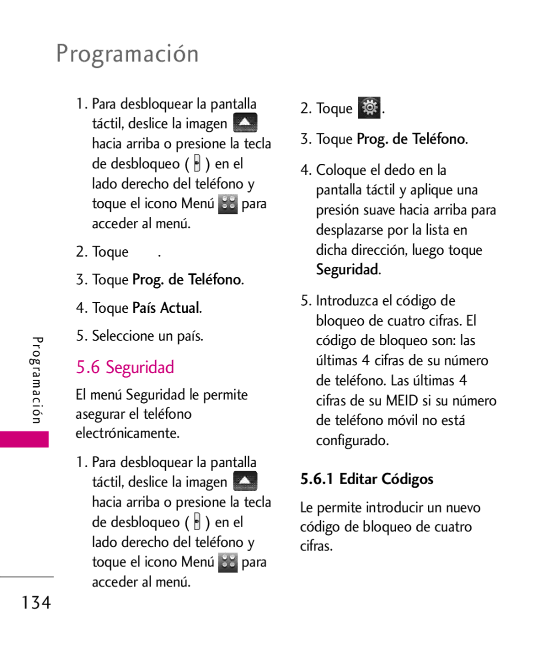 LG Electronics 8575 Seguridad, Editar Códigos, Seleccione un país, Acceder al menú Toque País .Actual Prog. de Teléfono 