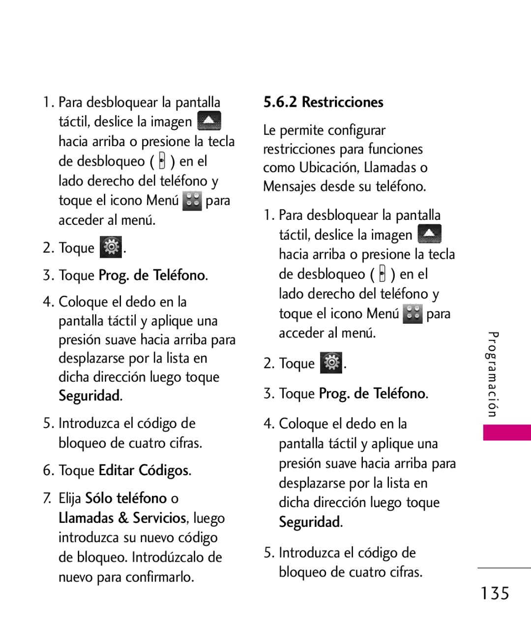 LG Electronics 8575 manual 135, Seguridad, Editar Códigos, Llamadas & Servicios, Restricciones 