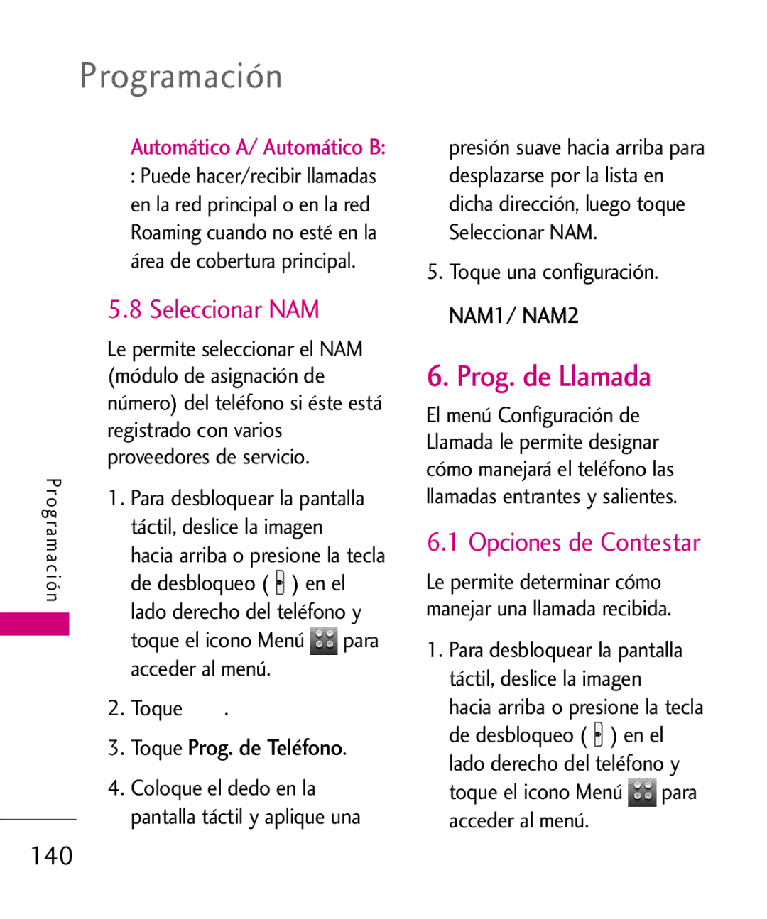 LG Electronics 8575 manual Prog. de Llamada, Seleccionar NAM, 140, Automático A/ Automático B, Área de cobertura principal 