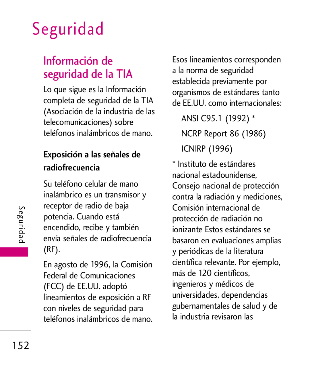 LG Electronics 8575 manual Información de, Seguridad de la TIA, 152, Exposición a las señales de 