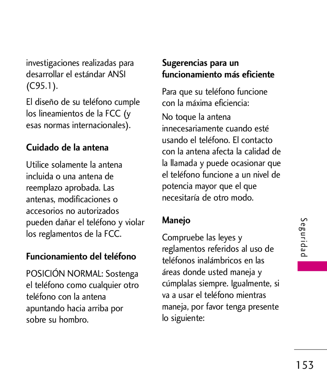 LG Electronics 8575 manual 153, Cuidado de la antena, Manejo 