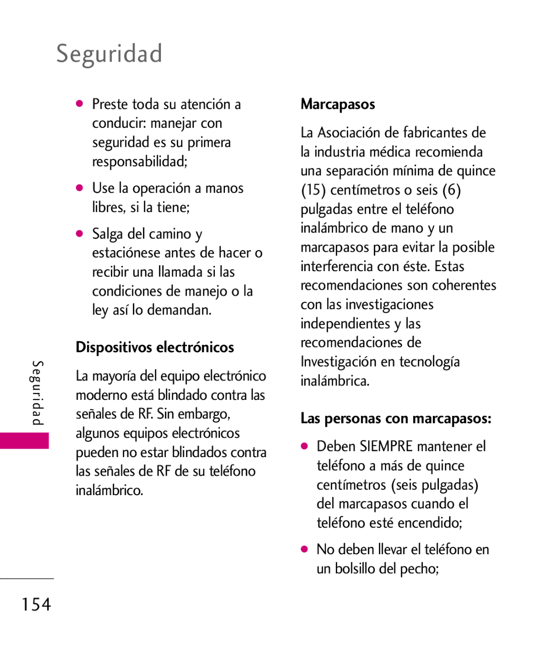 LG Electronics 8575 manual Seguridad, 154, Marcapasos, Las personas con marcapasos 