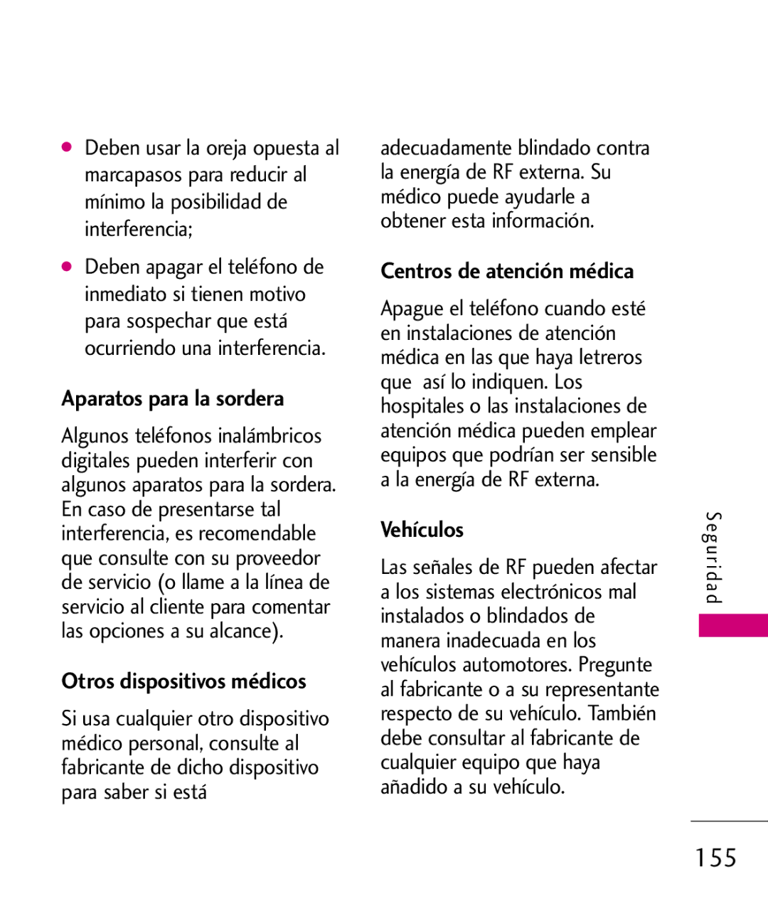 LG Electronics 8575 manual 155, Aparatos para la sordera, Otros dispositivos médicos, Centros de atención médica, Vehículos 