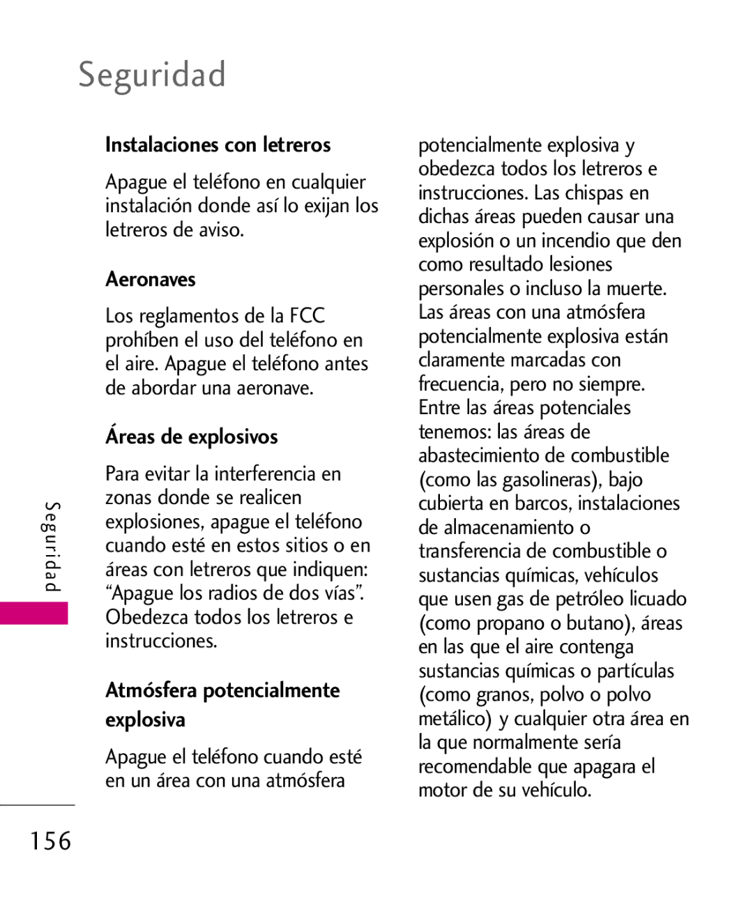 LG Electronics 8575 manual 156, Aeronaves, Áreas de explosivos, Atmósfera potencialmente, Explosiva 