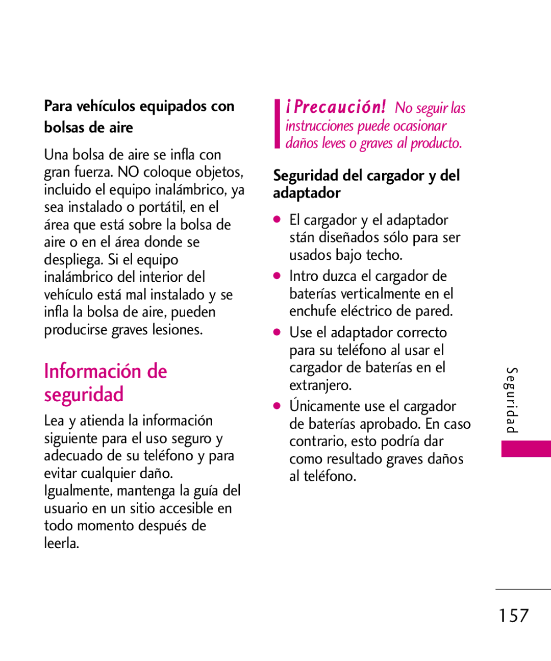 LG Electronics 8575 manual Información de seguridad, 157 