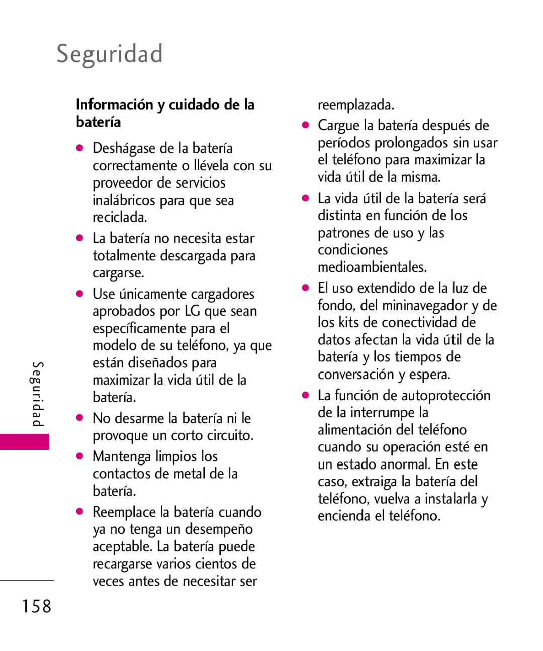 LG Electronics 8575 manual 158, Información y cuidado de la batería 