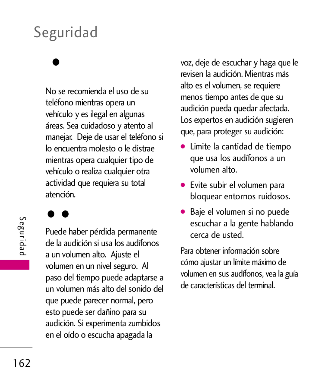 LG Electronics 8575 manual 162, Uso de su teléfono con, Seguridad 