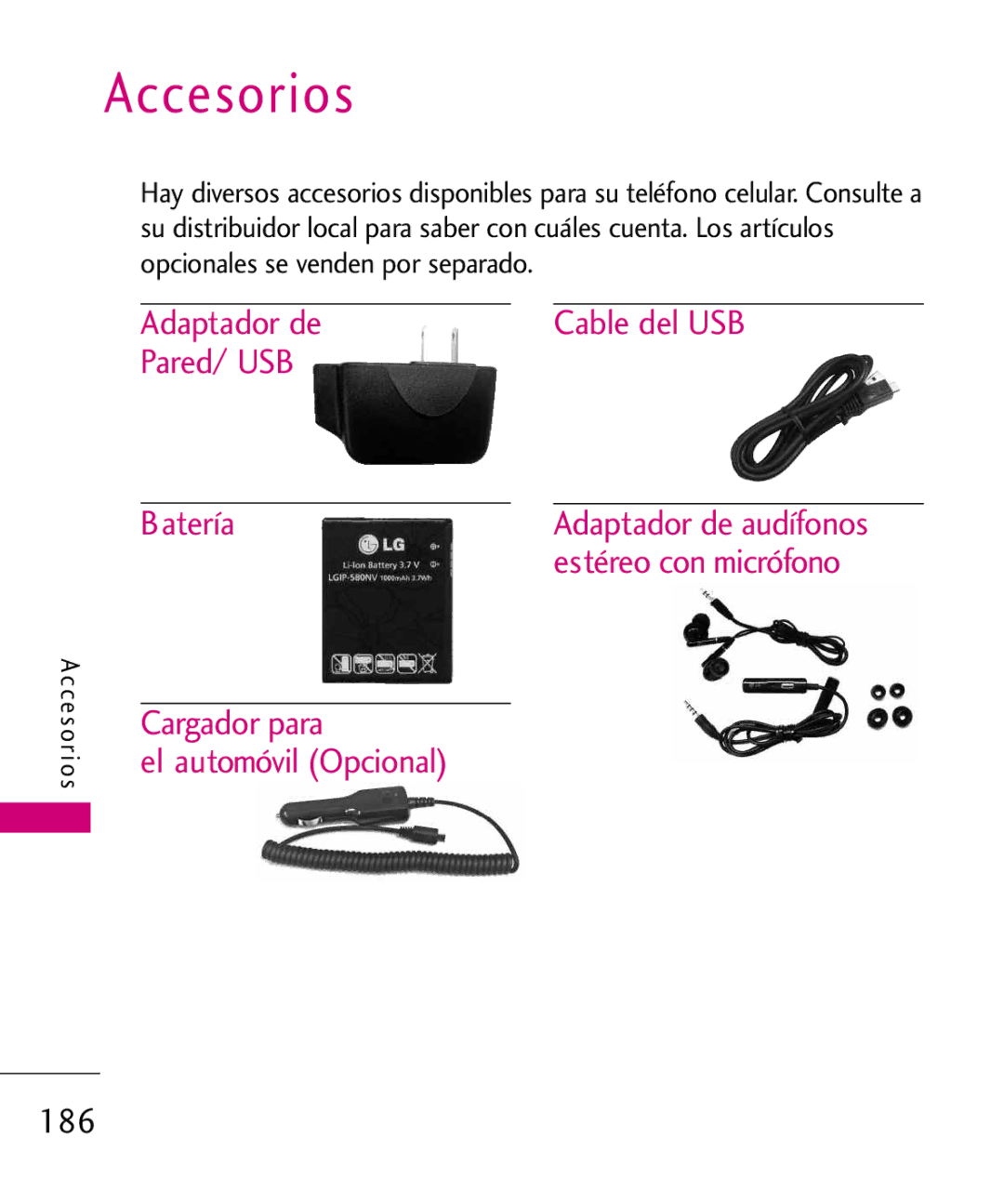 LG Electronics 8575 Adaptador deCable del USB Pared/ USB, Batería Cargador para El automóvil Opcional, 186, Accesorios 