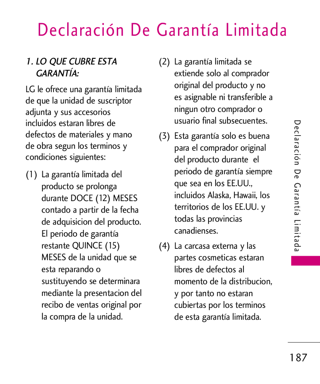 LG Electronics 8575 manual Declaración De Garantía Limitada, 187 