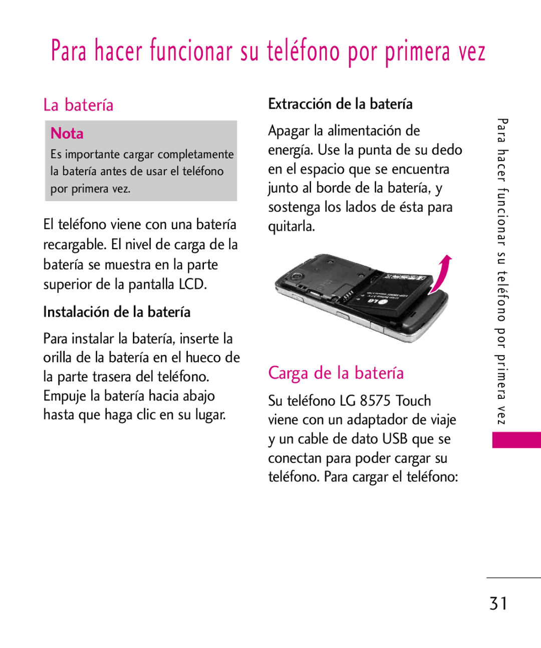 LG Electronics 8575 manual La batería, Carga de la batería, Extracción de la batería 